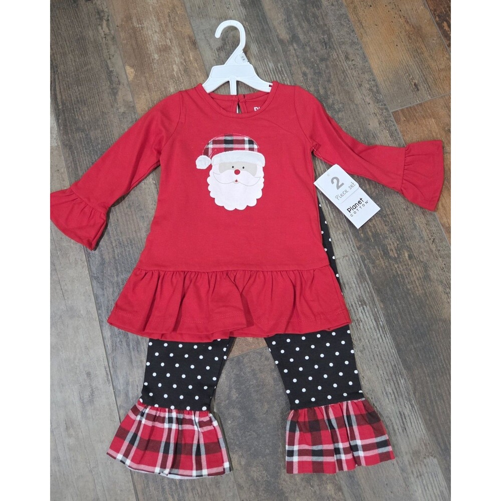 NWT Planet Cotton Baby Girls Sz 18 M 2 Pc Santa Bell Plaid Bottom Pant Set B10